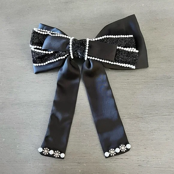 Black Satin Rhinestone Heart Coquette Preppy 8.5" Bow Snap Barrette Hair Clip - Picture 7 of 7